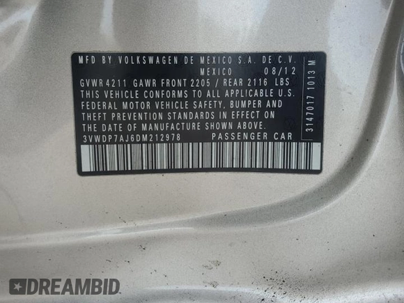 2013 Volkswagen Jetta Sedan SE with VIN 3VWDP7AJ6DM212978, listed as a Copart auction lot 52111355 with 210,114 mi miles and Salvage Title. Bid and sale history available at carsss.com. Image 12.
