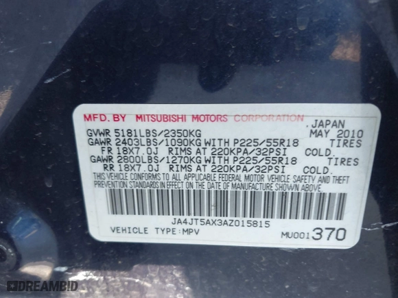 2010 Mitsubishi Outlander GT with VIN JA4JT5AX3AZ015815, listed as a IAAI auction lot 41517180 with 122,020 mi miles. Bid and sale history available at carsss.com. Image 9.