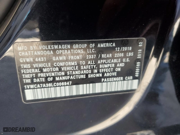 2020 Volkswagen Passat 2.0T SEL with VIN 1VWCA7A38LC006947, listed as a Copart auction lot 87746845 with 98,841 mi miles and Salvage Title. Bid and sale history available at carsss.com. Image 12.