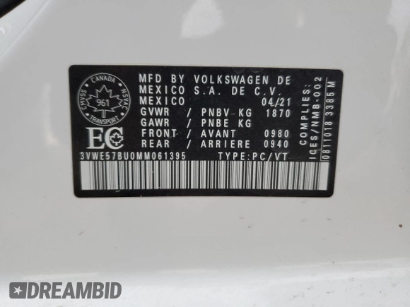 2021 Volkswagen Jetta SEL with VIN 3VWE57BU0MM061395, listed as a Copart auction lot 80946824 with 100,604 mi miles and Salvage title. Bid and sale history available at DreamBid. Image 13.