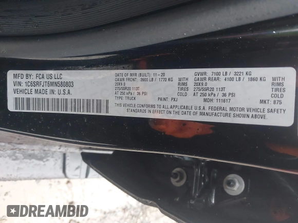 2021 Ram 1500 Laramie with VIN 1C6SRFJT6MN580803, listed as a IAAI auction lot 41207914 with 56,891 mi miles and . Bid and sale history available at DreamBid. Image 9.