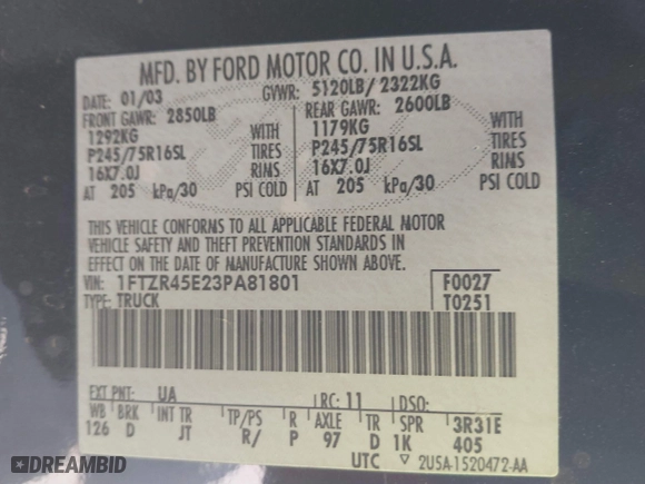 2003 Ford Ranger XL Fleet with VIN 1FTZR45E23PA81801, listed as a IAAI auction lot 41825231 with 105,092 mi miles. Bid and sale history available at carsss.com. Image 9.