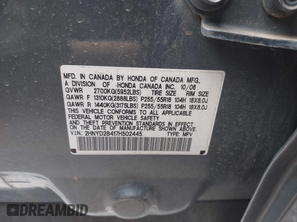 2007 Acura MDX Technology with VIN 2HNYD28417H502445, listed as a IAAI auction lot 41938578 with 200,179 mi miles and . Bid and sale history available at DreamBid. Image 9.