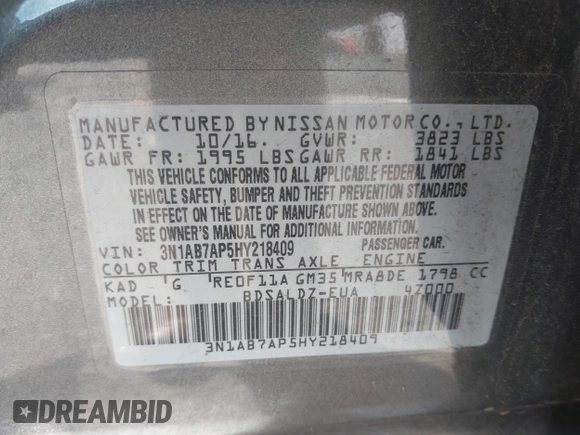 2017 Nissan Sentra S with VIN 3N1AB7AP5HY218409, listed as a IAAI auction lot 42015041 with 107,898 mi miles and . Bid and sale history available at DreamBid. Image 9.