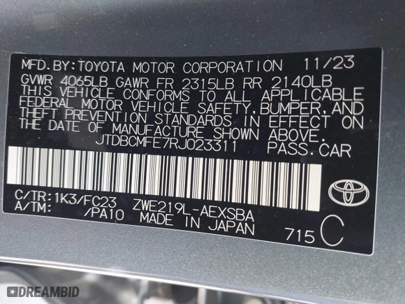 2024 Toyota Corolla Hybrid LE with VIN JTDBCMFE7RJ023311, listed as a IAAI auction lot 42051893 with 18,607 mi miles. Bid and sale history available at carsss.com. Image 9.