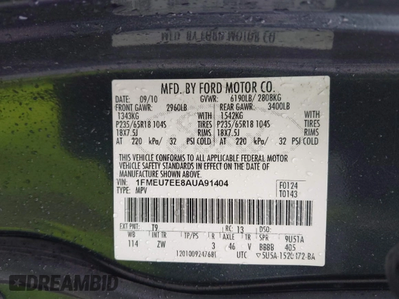 2010 Ford Explorer Eddie Bauer с VIN 1FMEU7EE8AUA91404, выставлен на аукционе IAAI как лот 42312125 с пробегом 203 945 миль миль и . История ставок и продаж доступна на DreamBid. Изображение 9.