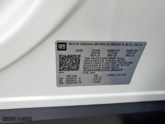 2025 Chevrolet Equinox FWD LT with VIN 3GNAXHEG3SL261219, listed as a Copart auction lot 47646205 with 696 mi miles and Salvage Title. Bid and sale history available at carsss.com. Image 15.