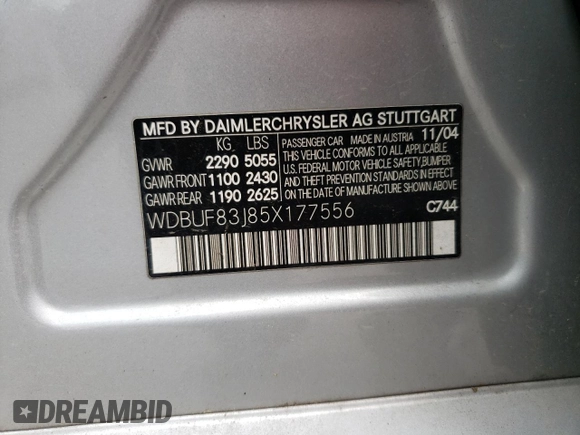 2005 Mercedes-Benz E 500 z VIN WDBUF83J85X177556, wystawiony jako Copart lot #60916214 z przebiegiem 185 915 mil mil oraz Szkoda całkowita • Salvage title. Historia ofert i sprzedaży dostępna na DreamBid. Obrazek 12.