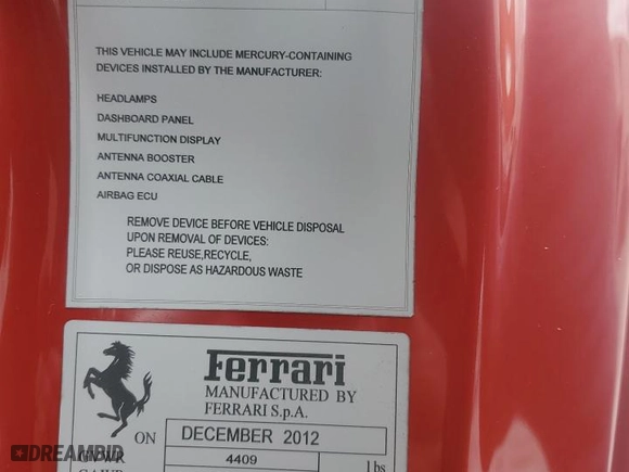 2013 Ferrari F12berlinetta with VIN ZFF74UFA7D0193622, listed as a Copart auction lot 51904615 with 0 mi miles and Salvage Title. Bid and sale history available at carsss.com. Image 13.