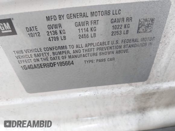 2013 Buick LaCrosse with VIN 1G4GA5ER9DF185664, listed as a IAAI auction lot 42745181 with 194,484 mi miles and . Bid and sale history available at DreamBid. Image 9.