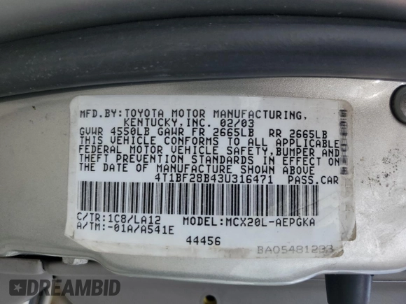 2003 Toyota Avalon XL with VIN 4T1BF28B43U316471, listed as a Copart auction lot 54487985 with 189,460 mi miles and Salvage Title. Bid and sale history available at DreamBid. Image 12.