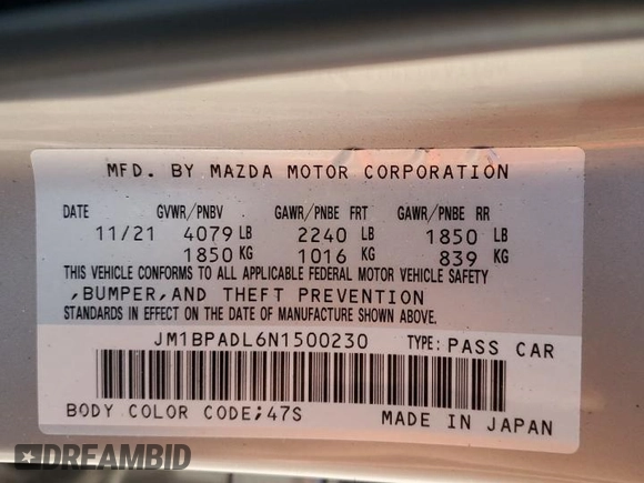 2022 Mazda 3 Premium with VIN JM1BPADL6N1500230, listed as a Copart auction lot 80939714 with 41,453 mi miles and Salvage Title. Bid and sale history available at DreamBid. Image 13.
