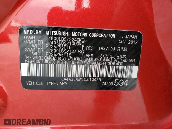 2013 Mitsubishi Outlander SE with VIN JA4AS3AW4DU013085, listed as a Copart auction lot 84697134 with 117,697 mi miles and Salvage Title. Bid and sale history available at carsss.com. Image 15.