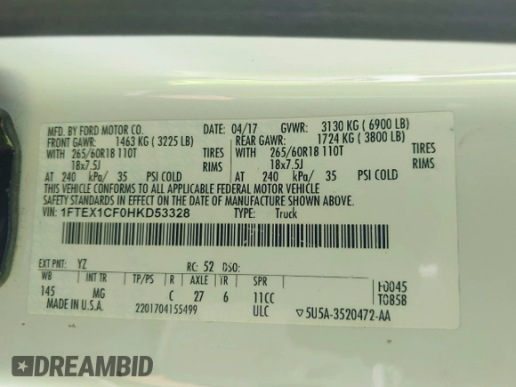 2017 Ford F-150 XL with VIN 1FTEX1CF0HKD53328, listed as a IAAI auction lot 42291255 with 149,769 mi miles and . Bid and sale history available at DreamBid. Image 9.