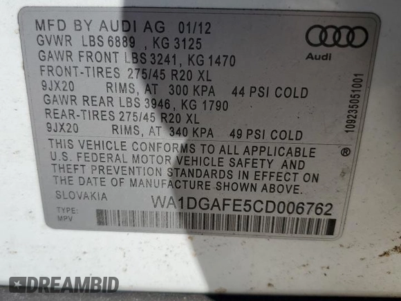 2012 Audi Q7 3.0T S line with VIN WA1DGAFE5CD006762, listed as a Copart auction lot 46335725 with 144,907 mi miles and Clean Title. Bid and sale history available at carsss.com. Image 13.