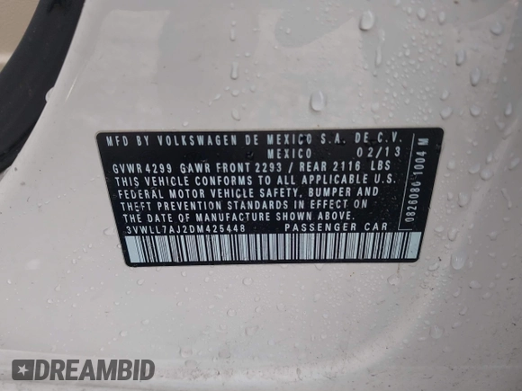 2013 Volkswagen Jetta TDI w/Premium with VIN 3VWLL7AJ2DM425448, listed as a IAAI auction lot 41806552 with 125,043 mi miles and . Bid and sale history available at DreamBid. Image 9.