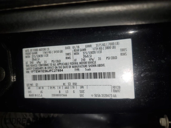 2018 Ford F-150 XL with VIN 1FTEW1E56JFC27884, listed as a Copart auction lot 42515805 with Not Provided miles and Salvage Title. Bid and sale history available at DreamBid. Image 14.