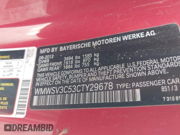 2012 MINI Hardtop S z VIN WMWSV3C53CTY29678, wystawiony jako IAAI lot #42367662 z przebiegiem 241 475 mil mil oraz . Historia ofert i sprzedaży dostępna na DreamBid. Obrazek 9.