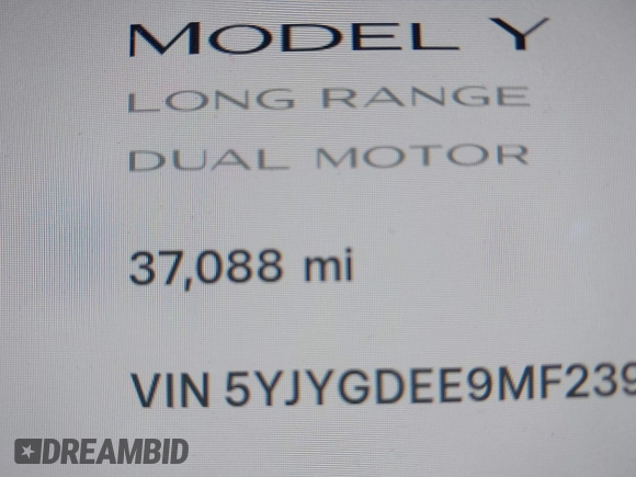 2021 Tesla Model Y Long Range with VIN 5YJYGDEE9MF239726, listed as a IAAI auction lot 41952158 with 37,088 mi miles and . Bid and sale history available at DreamBid. Image 16.