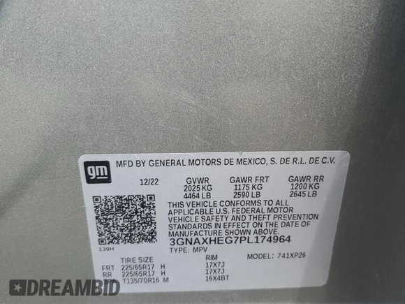 2023 Chevrolet Equinox LS z VIN 3GNAXHEG7PL174964, wystawiony jako Copart lot #58373315 z przebiegiem 34 175 mil mil oraz Szkoda całkowita • Salvage title. Historia ofert i sprzedaży dostępna na DreamBid. Obrazek 12.