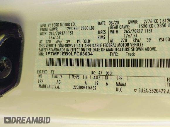 2020 Ford F-150 XL с VIN 1FTMF1EB9LFC03034, выставлен на аукционе IAAI как лот 42592482 с пробегом 30 858 миль миль и . История ставок и продаж доступна на DreamBid. Изображение 9.