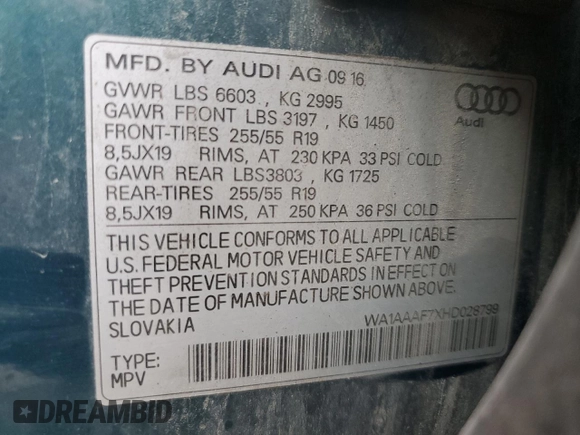 2017 Audi Q7 Premium с VIN WA1AAAF7XHD028799, выставлен на аукционе Copart как лот 57462325 с пробегом 171 400 миль миль и Чистый • Clean title. История ставок и продаж доступна на DreamBid. Изображение 12.