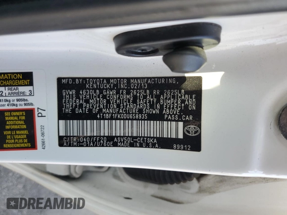 2013 Toyota Camry L with VIN 4T1BF1FK0DU658935, listed as a Copart auction lot 54147365 with 133,931 mi miles and Salvage Title. Bid and sale history available at carsss.com. Image 12.