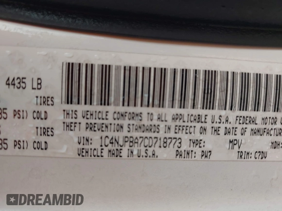 2012 Jeep Patriot Sport with VIN 1C4NJPBA7CD718773, listed as a IAAI auction lot 41846187 with 74,417 mi miles and . Bid and sale history available at DreamBid. Image 9.