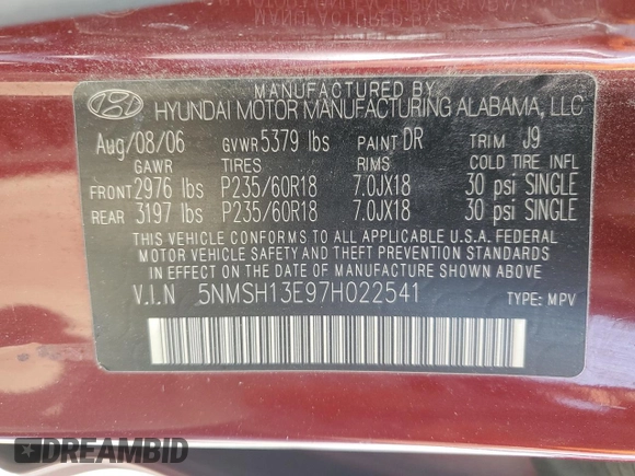 2007 Hyundai Santa Fe SE with VIN 5NMSH13E97H022541, listed as a Copart auction lot 64692595 with 172,748 mi miles and Salvage title. Bid and sale history available at DreamBid. Image 13.