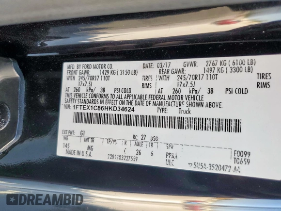2017 Ford F-150 XL with VIN 1FTEX1C86HKD34624, listed as a Copart auction lot 51810795 with 223,182 mi miles and Salvage Title. Bid and sale history available at carsss.com. Image 14.