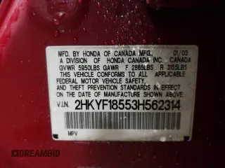 2003 Honda Pilot EX with VIN 2HKYF18553H562314, listed as a Copart auction lot 82416424 with 185,200 mi miles and Salvage Title. Bid and sale history available at DreamBid. Image 12.