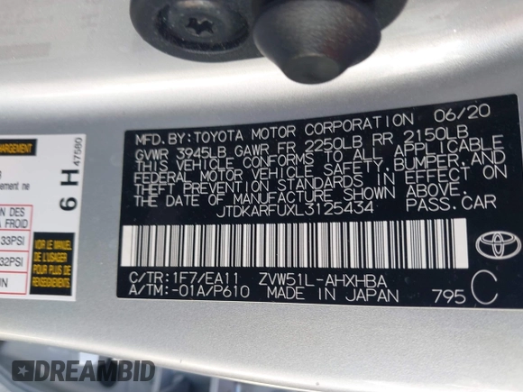 2020 Toyota Prius L Eco z VIN JTDKARFUXL3125434, wystawiony jako IAAI lot #42201623 z przebiegiem 58 609 mil mil oraz . Historia ofert i sprzedaży dostępna na DreamBid. Obrazek 9.