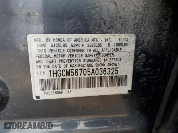 2005 Honda Accord EX with VIN 1HGCM56705A036325, listed as a Copart auction lot 49598345 with 227,086 mi miles and Salvage Title. Bid and sale history available at DreamBid. Image 13.
