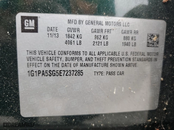 2014 Chevrolet Cruze LS with VIN 1G1PA5SG5E7237285, listed as a Copart auction lot 53741035 with 100,599 mi miles and Clean Title. Bid and sale history available at carsss.com. Image 12.