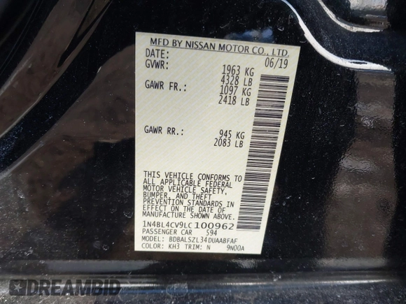 2020 Nissan Altima SR with VIN 1N4BL4CV9LC100962, listed as a IAAI auction lot 41392044 with 74,515 mi miles and . Bid and sale history available at carsss.com. Image 9.
