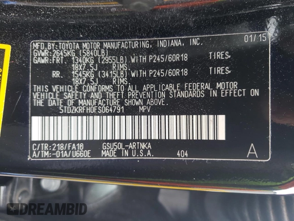 2015 Toyota Highlander LE Plus z VIN 5TDZKRFH0FS064791, wystawiony jako Copart lot #56508305 z przebiegiem 198 873 mil mil oraz Szkoda całkowita • Salvage title. Historia ofert i sprzedaży dostępna na DreamBid. Obrazek 14.