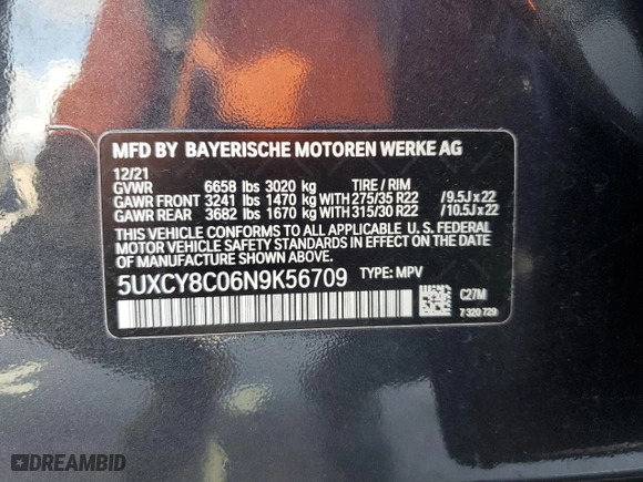 2022 BMW X6 M50i with VIN 5UXCY8C06N9K56709, listed as a Copart auction lot 80149504 with 46,614 mi miles and Salvage Title. Bid and sale history available at carsss.com. Image 13.