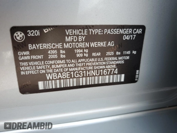 2017 BMW 3 Series 320i with VIN WBA8E1G31HNU16774, listed as a Copart auction lot 48510994 with 47,677 mi miles and Salvage Title. Bid and sale history available at carsss.com. Image 12.