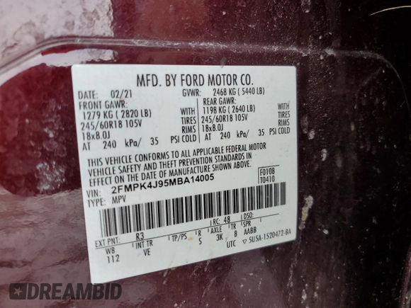2021 Ford Edge SEL with VIN 2FMPK4J95MBA14005, listed as a Copart auction lot 46410475 with 87,865 mi miles and Non Repairable. Bid and sale history available at carsss.com. Image 13.