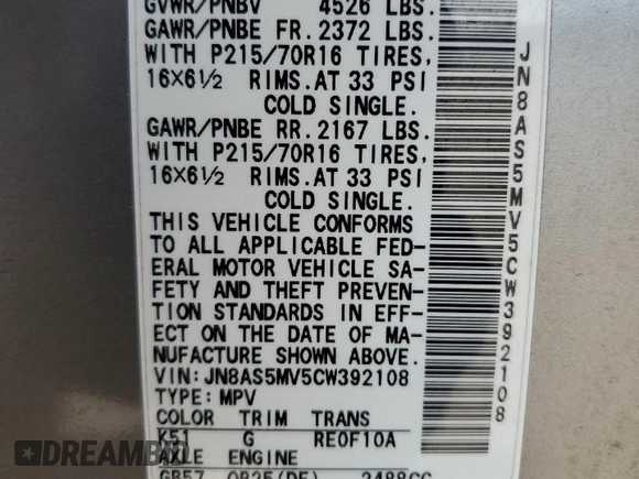2012 Nissan Rogue S with VIN JN8AS5MV5CW392108, listed as a Copart auction lot 60802555 with 66,033 mi miles and Salvage title. Bid and sale history available at DreamBid. Image 14.