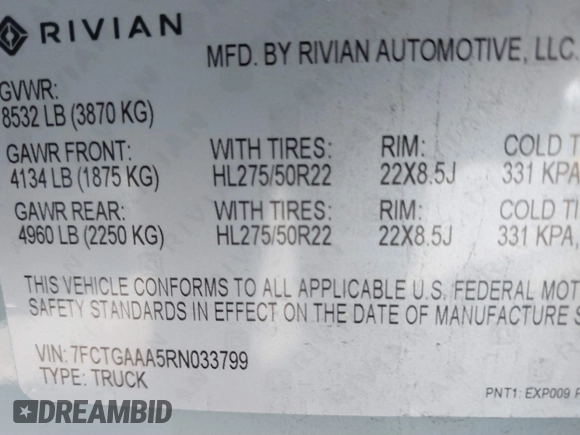 2024 Rivian R1T Adventure z VIN 7FCTGAAA5RN033799, wystawiony jako IAAI lot #41606562 z przebiegiem 9 449 mil mil oraz . Historia ofert i sprzedaży dostępna na DreamBid. Obrazek 9.