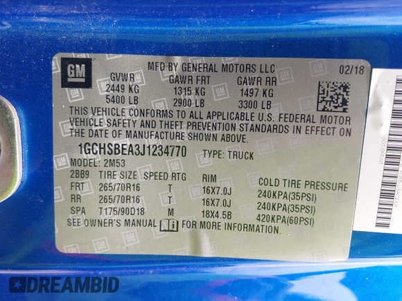 2018 Chevrolet Colorado 2WD Work Truck with VIN 1GCHSBEA3J1234770, listed as a IAAI auction lot 42468238 with 250,038 mi miles and . Bid and sale history available at DreamBid. Image 8.