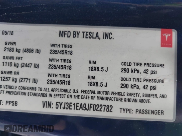 2018 Tesla Model 3 Long Range Battery with VIN 5YJ3E1EA9JF022782, listed as a IAAI auction lot 41875429 with 79,209 mi miles. Bid and sale history available at carsss.com. Image 9.