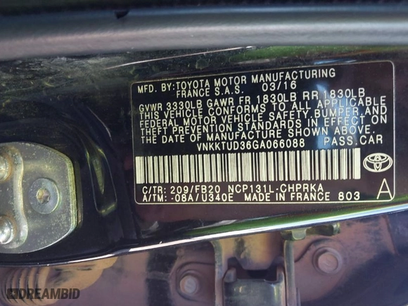 2016 Toyota Yaris L with VIN VNKKTUD36GA066088, listed as a IAAI auction lot 41607940 with 153,610 mi miles. Bid and sale history available at carsss.com. Image 9.