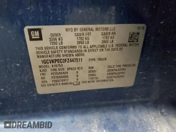 2015 Chevrolet Silverado 1500 LS with VIN 1GCVKPEC0FZ447511, listed as a Copart auction lot 49306865 with 50,576 mi miles and Salvage Title. Bid and sale history available at DreamBid. Image 12.