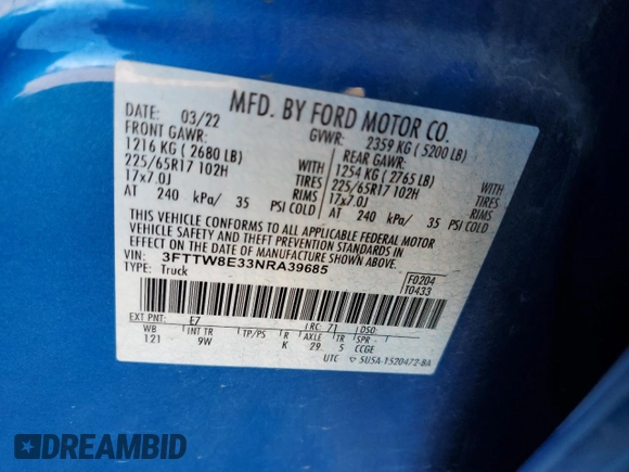 2022 Ford Maverick XL with VIN 3FTTW8E33NRA39685, listed as a Copart auction lot 43644175 with 60,070 mi miles and Salvage Title. Bid and sale history available at DreamBid. Image 13.