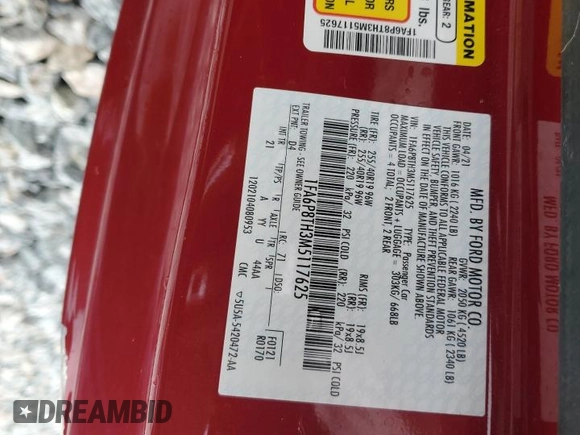 2021 Ford Mustang EcoBoost z VIN 1FA6P8TH3M5117625, wystawiony jako Copart lot #59070425 z przebiegiem Nie podano mil oraz Nie do naprawy • Non repairable. Historia ofert i sprzedaży dostępna na DreamBid. Obrazek 12.