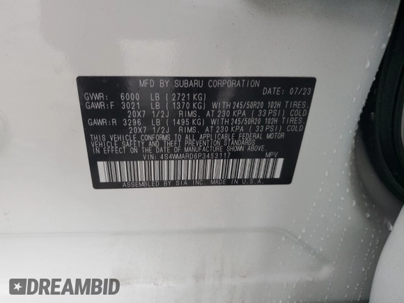 2023 Subaru Ascent Limited with VIN 4S4WMARD6P3453117, listed as a Copart auction lot 43557685 with 10,848 mi miles and Salvage title. Bid and sale history available at DreamBid. Image 14.
