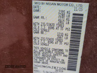 2015 Nissan Murano SL z VIN 5N1AZ2MH5FN287106, wystawiony jako Copart lot #56955825 z przebiegiem 97 212 mil mil oraz Szkoda całkowita • Salvage title. Historia ofert i sprzedaży dostępna na DreamBid. Obrazek 13.