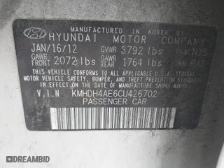 2012 Hyundai Elantra GLS PZEV with VIN KMHDH4AE6CU426702, listed as a IAAI auction lot 41836585 with 162,008 mi miles. Bid and sale history available at carsss.com. Image 9.
